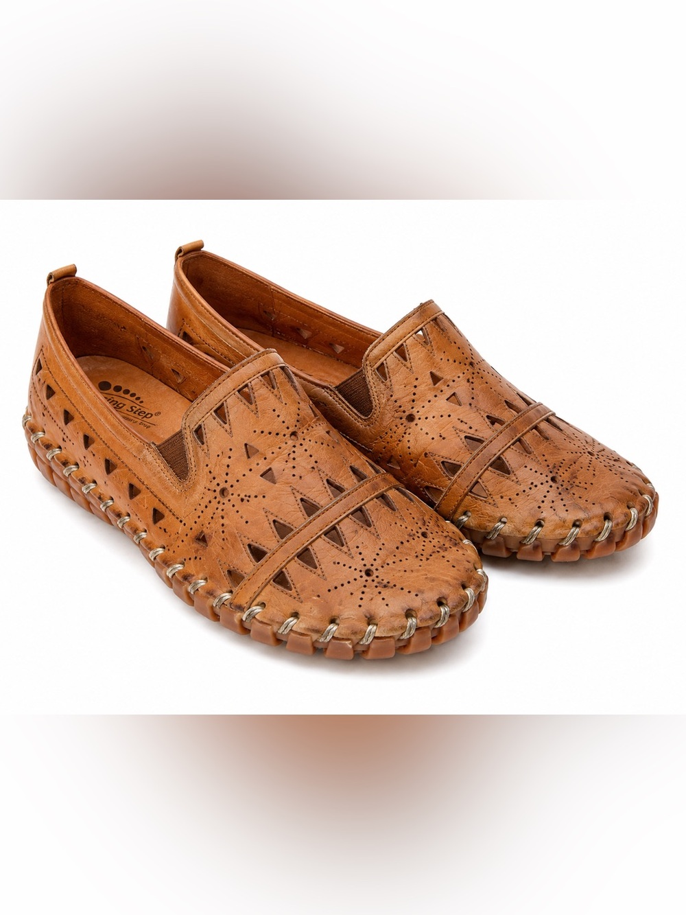 Spring Step Tan Leather Cutout Loafers Size 44 Perforated Comfort Shoes